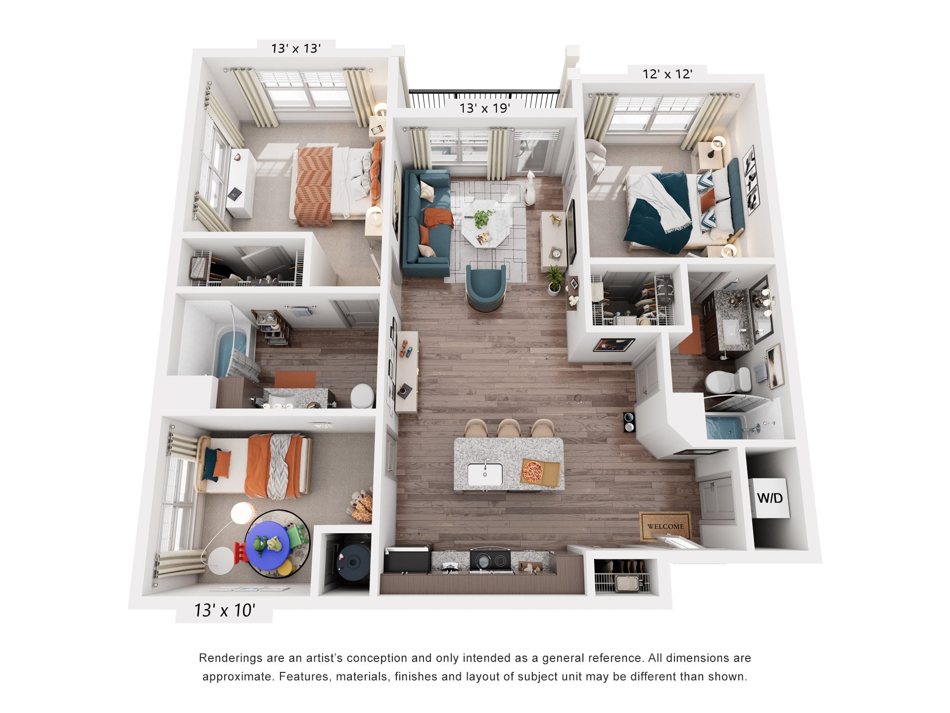 Floor plan for 2 beds, 2 baths, 1233 sqft